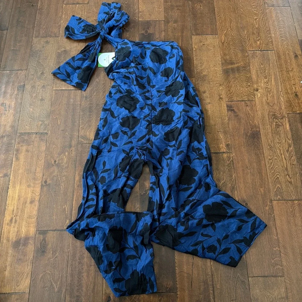 Kate Spade x Target Floral Jumpsuit Wide Leg Bow Blue Black Linen Blend Size 6
